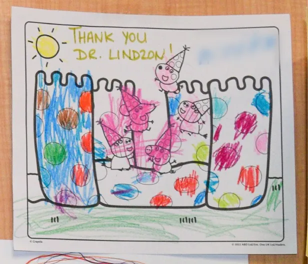 A coloured-in castle picture that reads “Thank you Dr. Lindzon!”